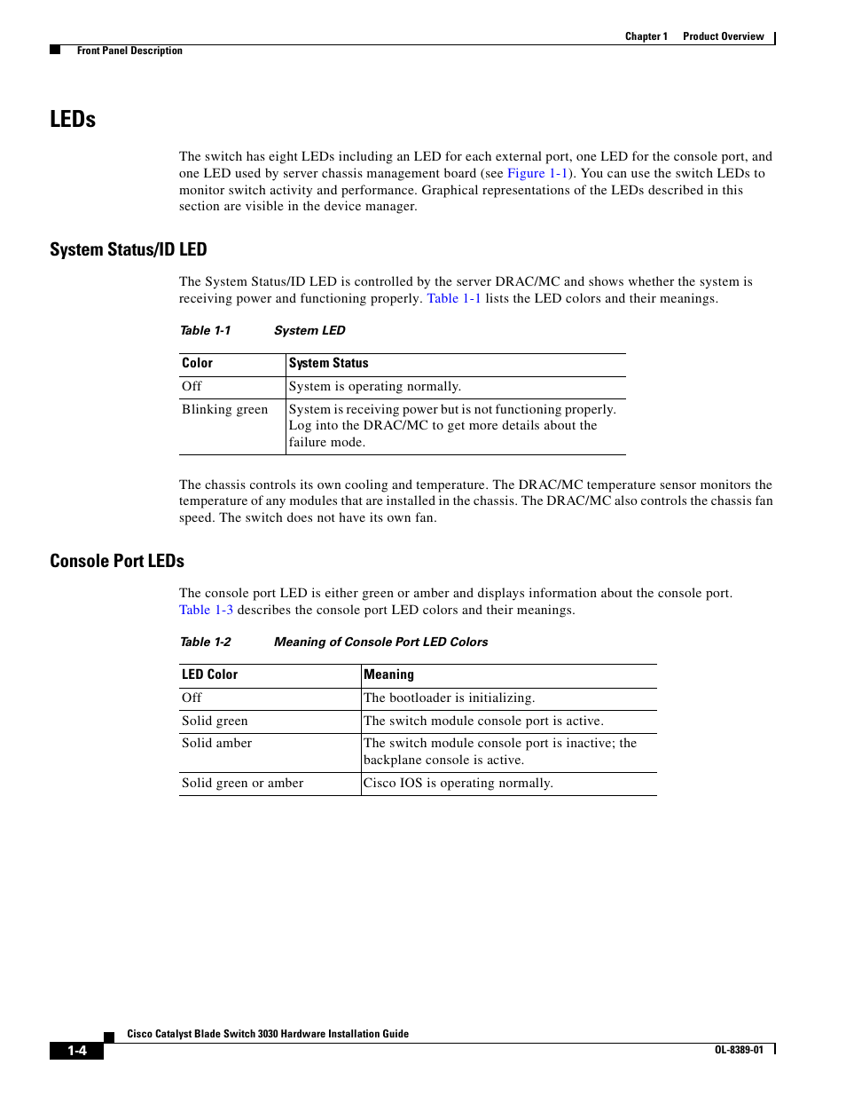 Leds, System status/id led, Console port leds | Cisco 3030 User Manual | Page 24 / 72