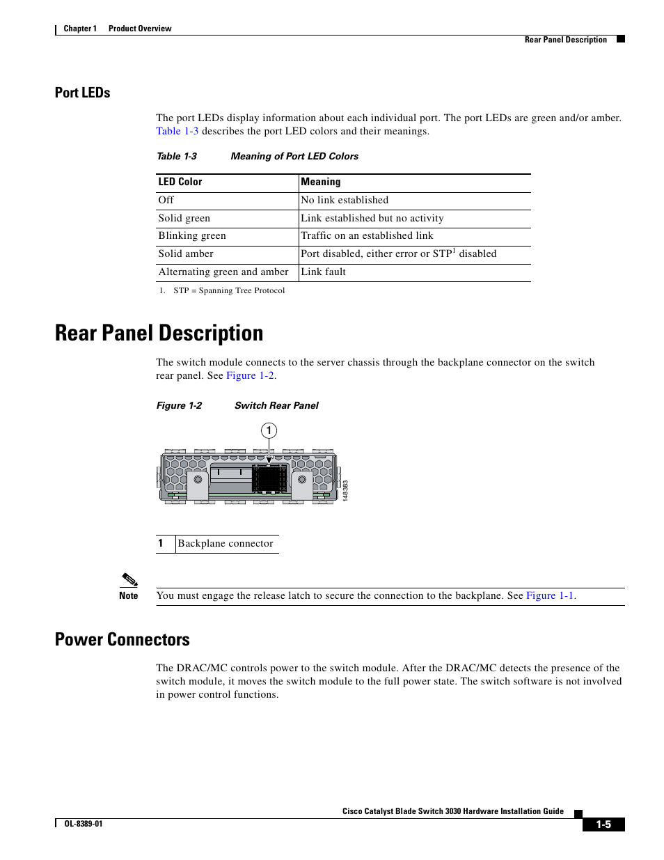 Port leds, Rear panel description, Power connectors | Table 1-3 | Cisco 3030 User Manual | Page 25 / 72