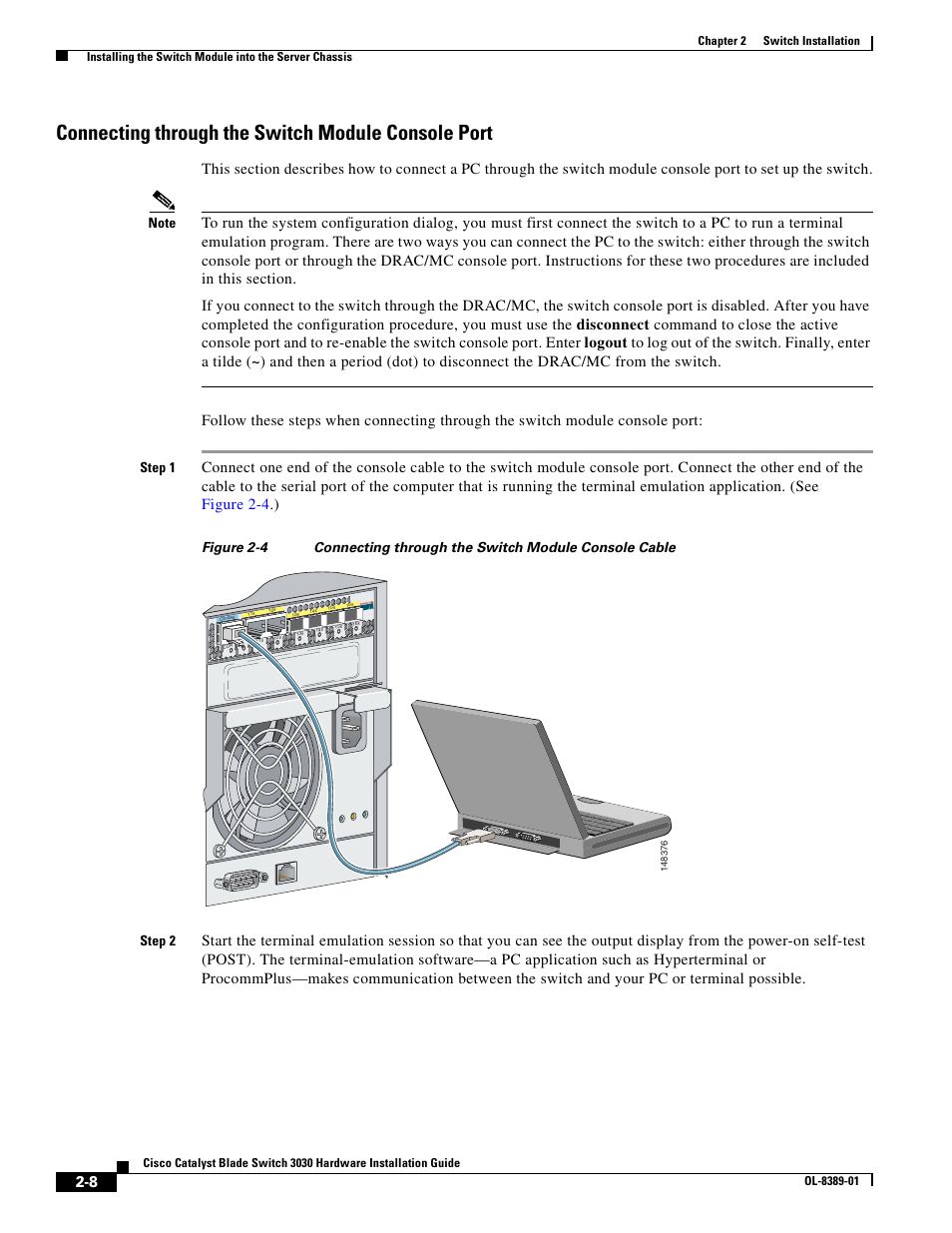 Connecting through the switch module console port, Connecting, Step 1 | Cisco 3030 User Manual | Page 36 / 72