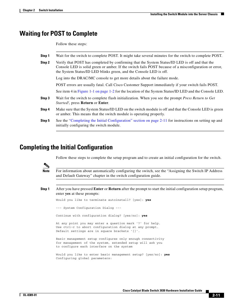 Waiting for post to complete, Completing the initial configuration | Cisco 3030 User Manual | Page 39 / 72