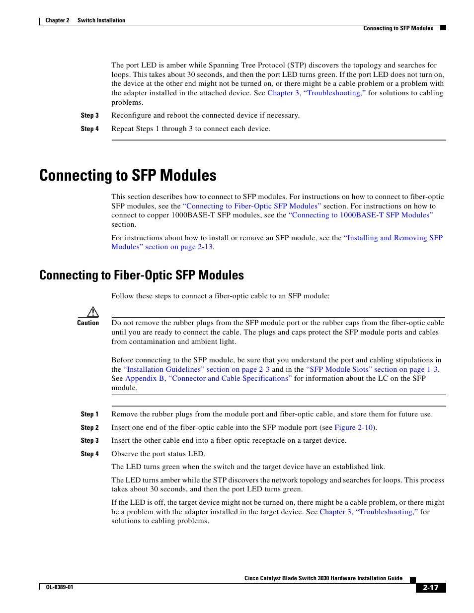 Connecting to sfp modules, Connecting to fiber-optic sfp modules | Cisco 3030 User Manual | Page 45 / 72