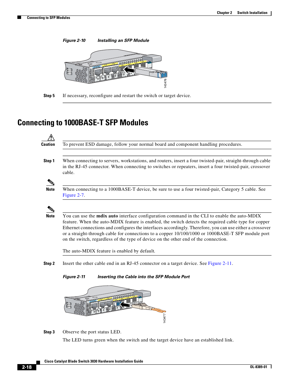 Connecting to 1000base-t sfp modules, Figure 2-10, Figure 2-10 installing an sfp module step 5 | Caution, Step 1, Step 2 | Cisco 3030 User Manual | Page 46 / 72