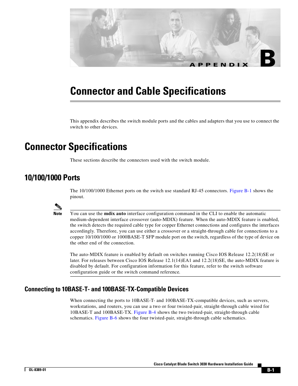 Connector and cable specifications, Connector specifications, 10/100/1000 ports | A p p e n d i x, Appendix b, “connector and cable specifications, Connector and cable specifications” section | Cisco 3030 User Manual | Page 57 / 72