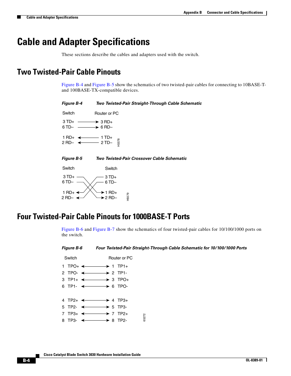 Cable and adapter specifications, Two twisted-pair cable pinouts, Figure b-4 | Figure b-6, Figure b-5 | Cisco 3030 User Manual | Page 60 / 72