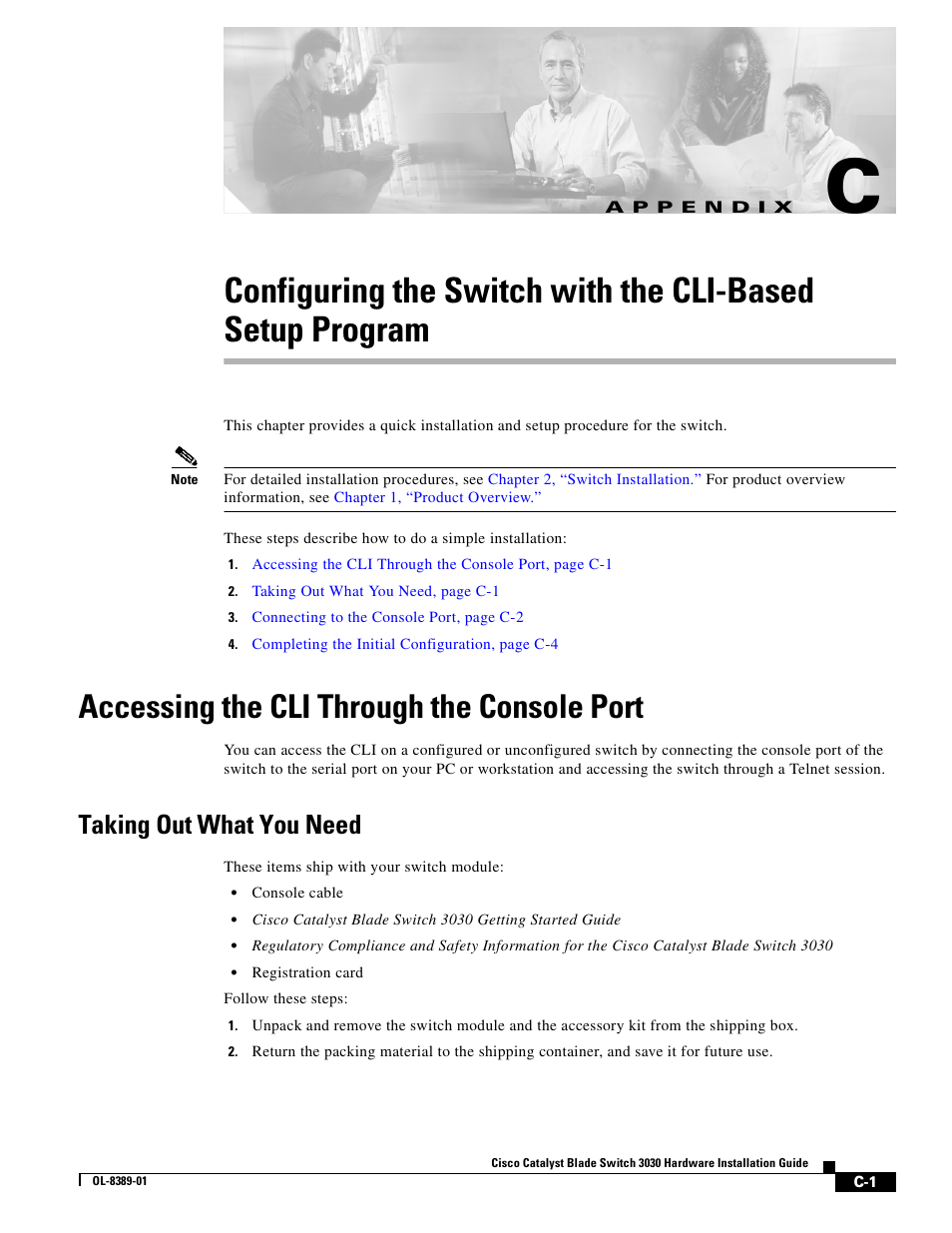 Accessing the cli through the console port, Taking out what you need, A p p e n d i x | Cisco 3030 User Manual | Page 63 / 72