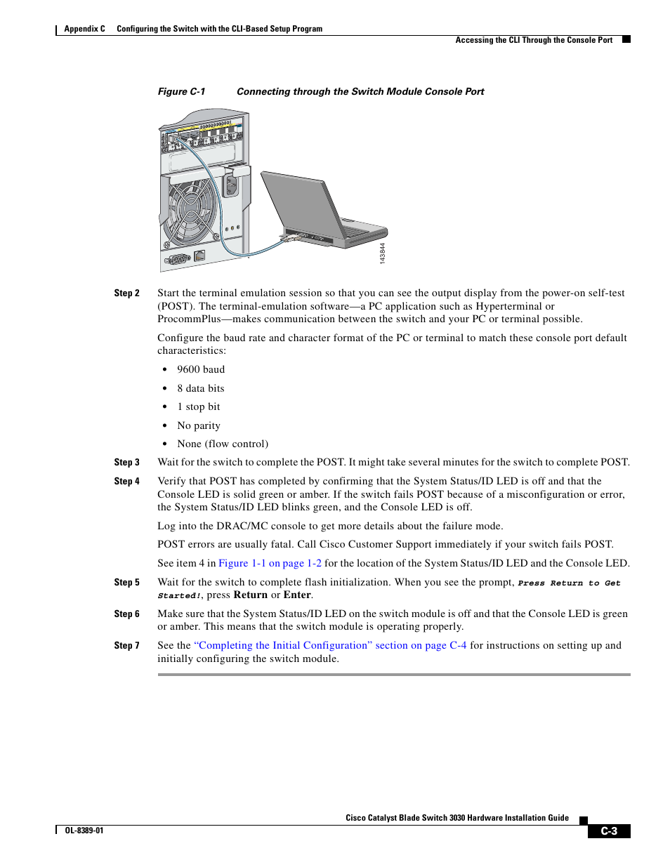 9600 baud, 8 data bits, 1 stop bit | No parity, None (flow control), Press return or enter | Cisco 3030 User Manual | Page 65 / 72