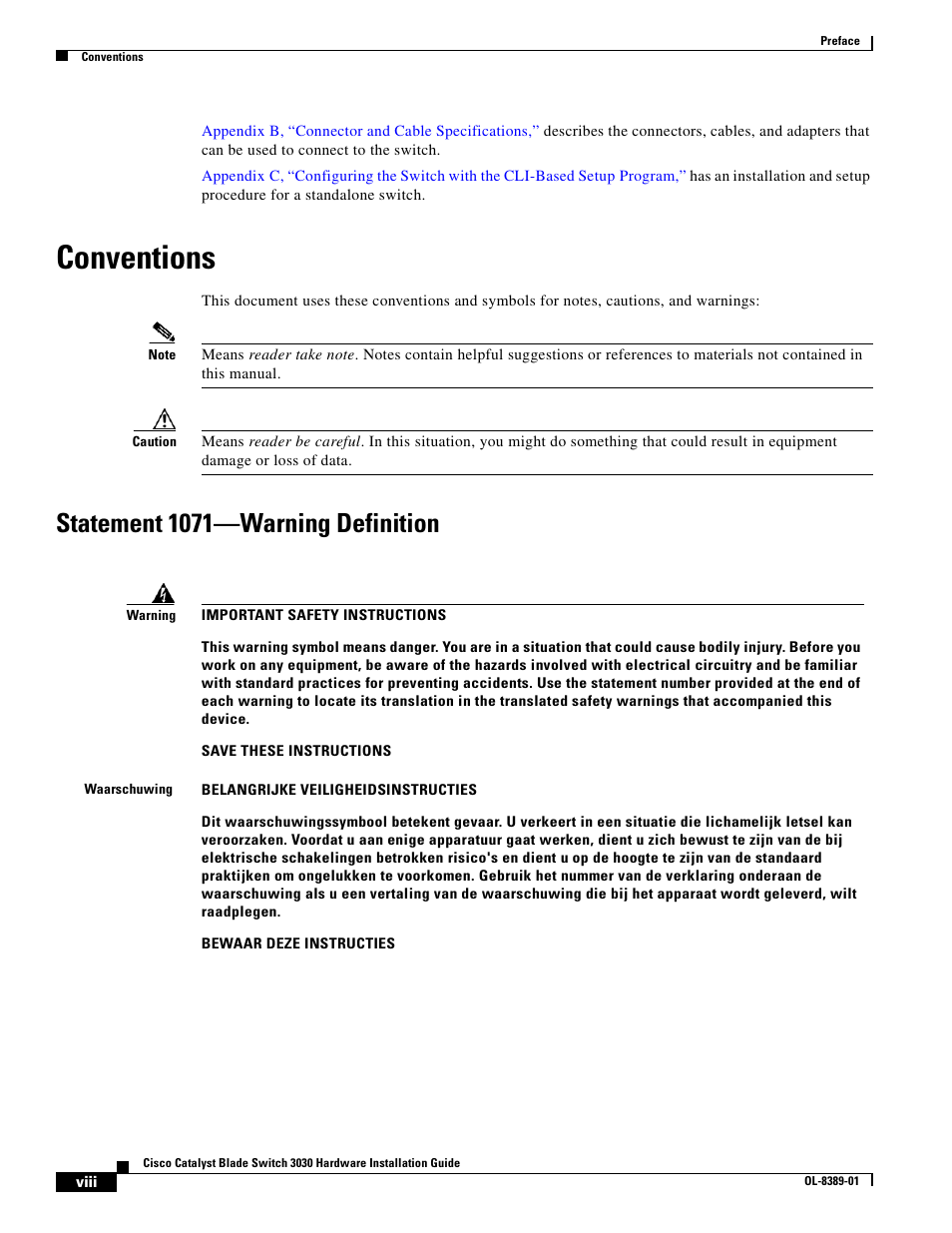 Conventions, Statement 1071—warning definition | Cisco 3030 User Manual | Page 8 / 72