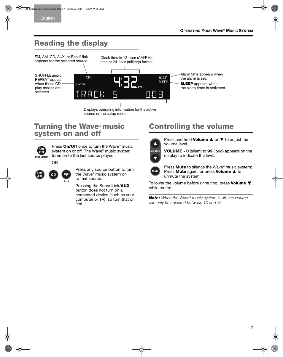 Reading the display, Turning the wave, Controlling the volume | Music system on and off | Bose Wave Music System-soundlink User Manual | Page 11 / 32