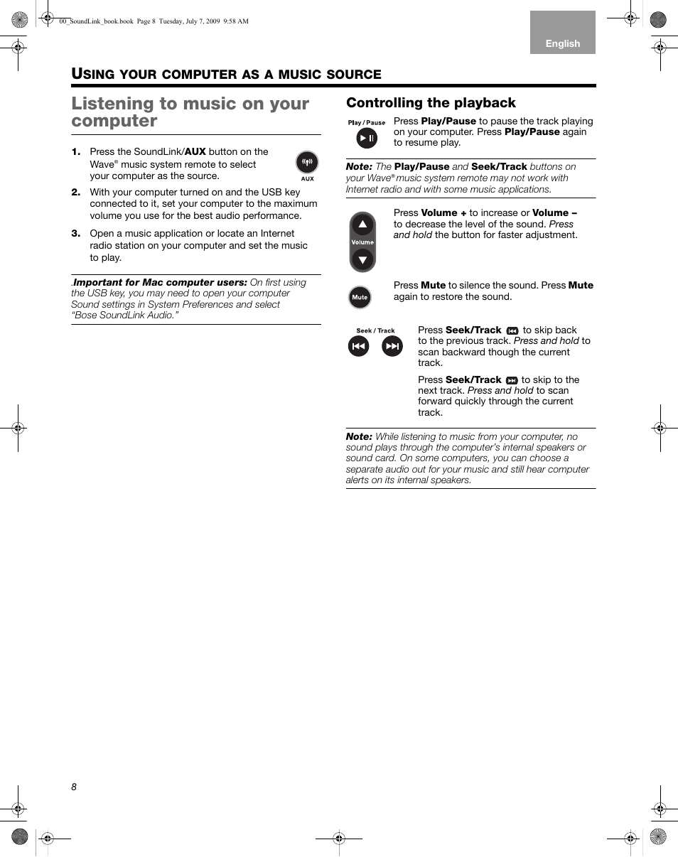Sing, Your, Computer | Music, Source, Listening to music on your computer, Controlling the playback | Bose Wave Music System-soundlink User Manual | Page 12 / 32