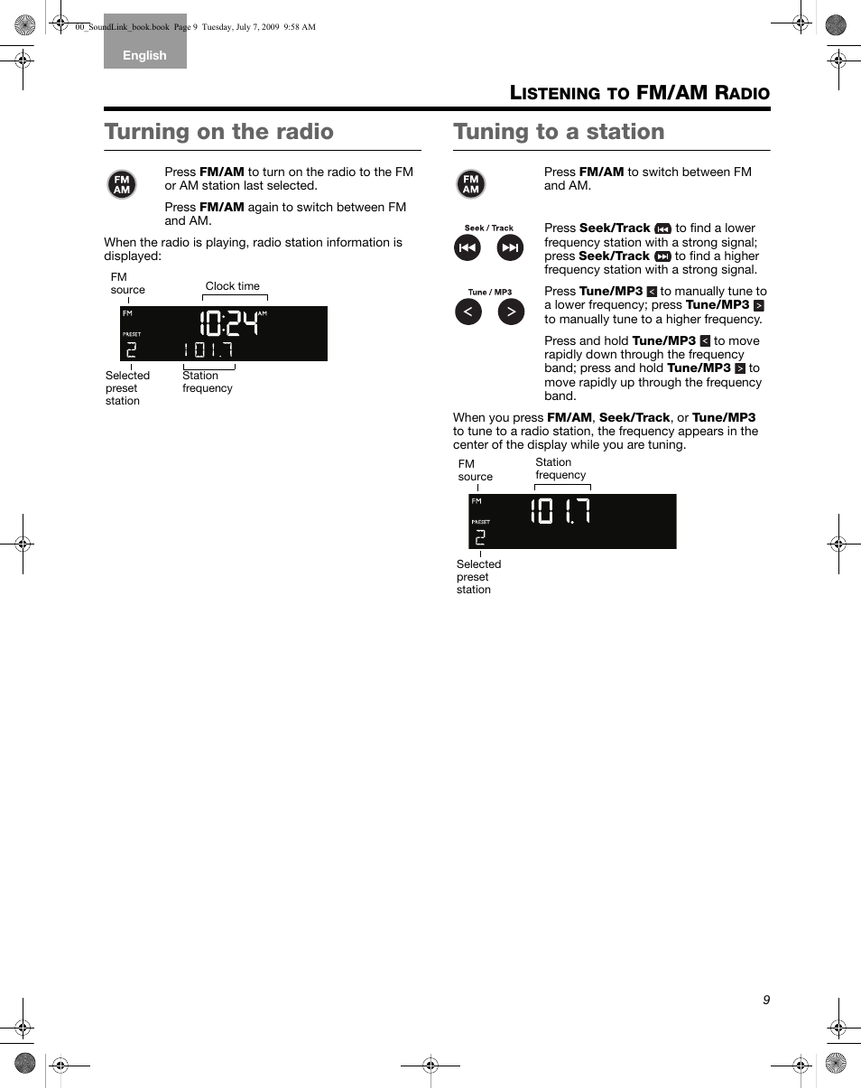 Istening, Fm/am r, Adio | Turning on the radio, Tuning to a station | Bose Wave Music System-soundlink User Manual | Page 13 / 32