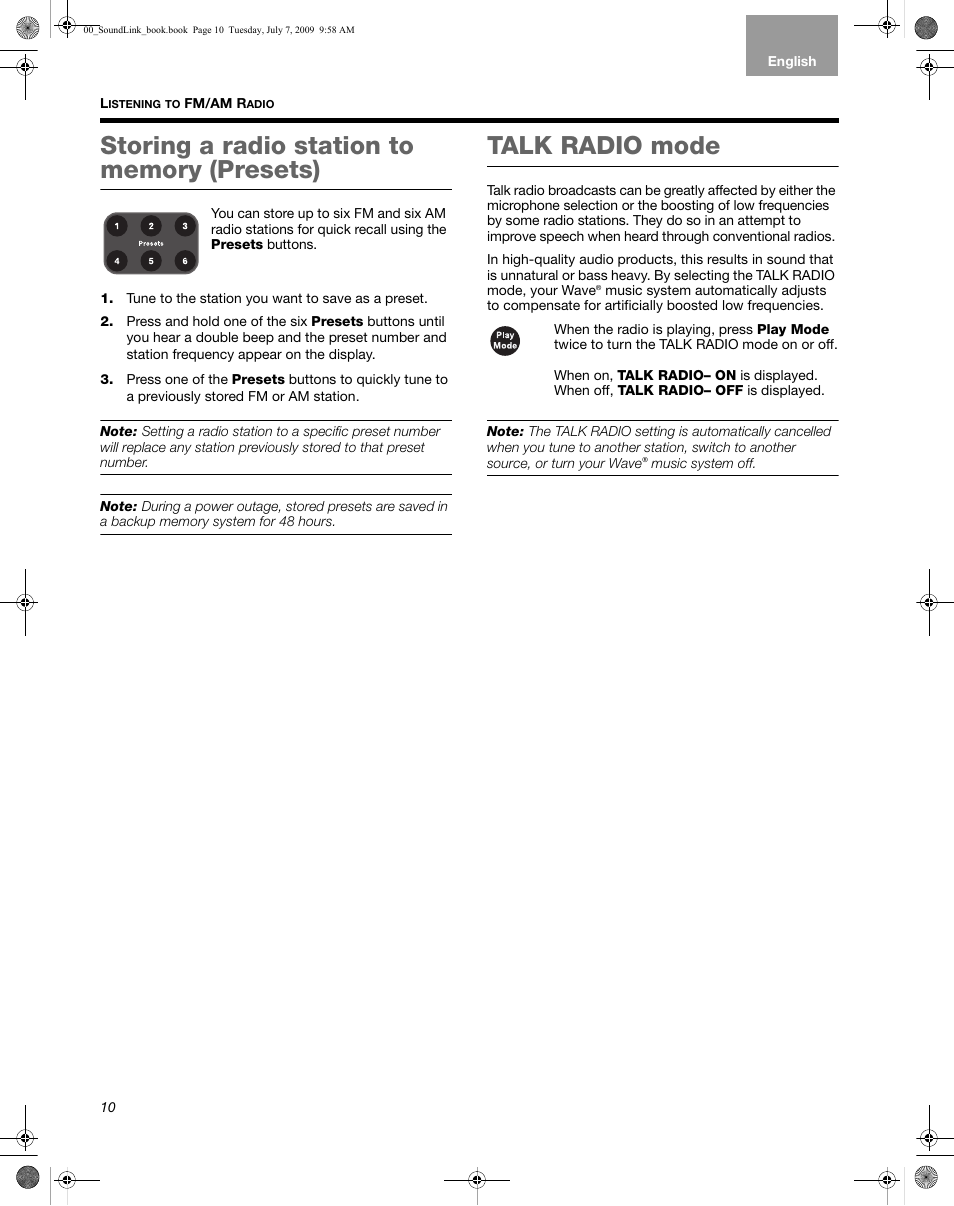 Storing a radio station to memory (presets), Talk radio mode | Bose Wave Music System-soundlink User Manual | Page 14 / 32