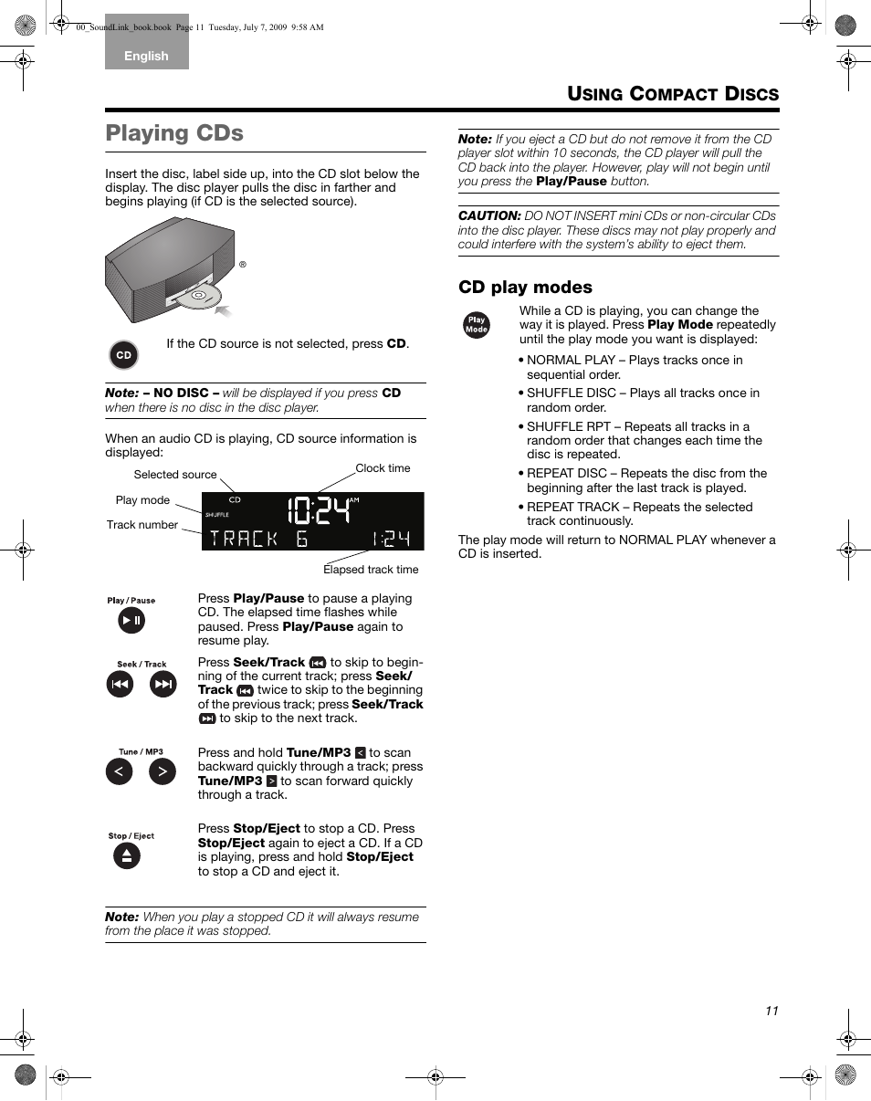 Sing, Ompact, Iscs | Playing cds, Cd play modes | Bose Wave Music System-soundlink User Manual | Page 15 / 32