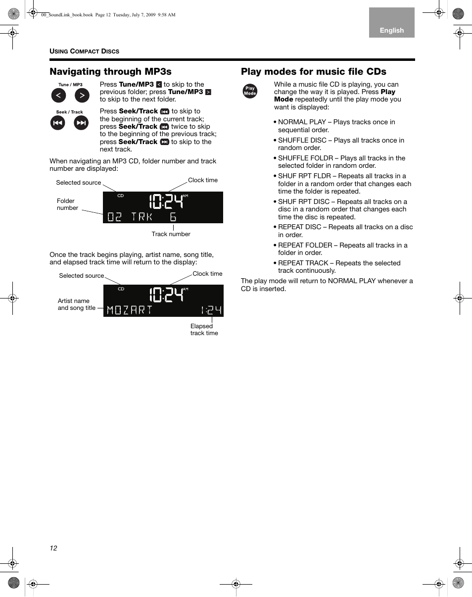Navigating through mp3s, Play modes for music file cds | Bose Wave Music System-soundlink User Manual | Page 16 / 32