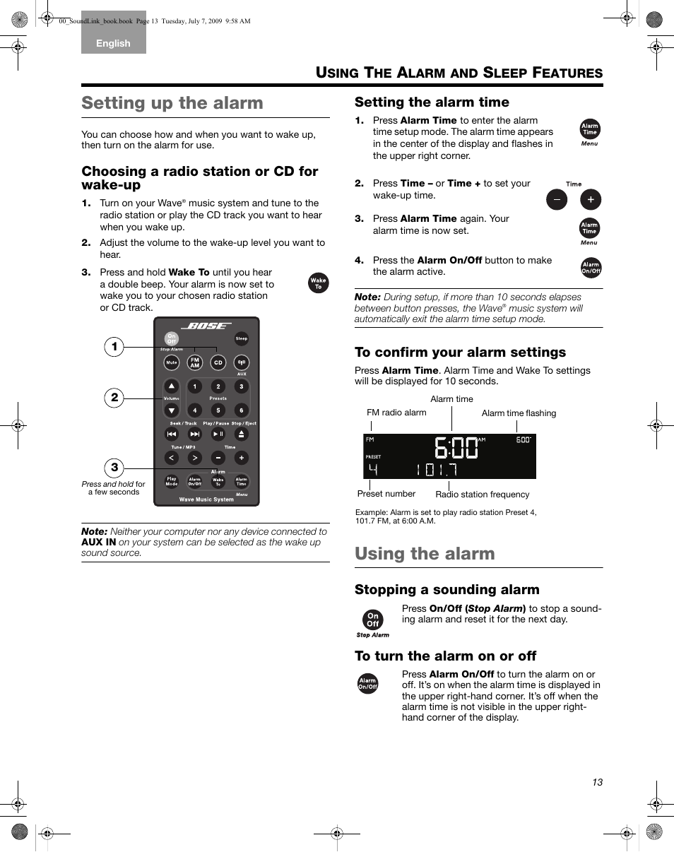 Sing, Larm, Leep | Eatures, Setting up the alarm, Choosing a radio station or cd for wake-up, Setting the alarm time, To confirm your alarm settings, Using the alarm, Stopping a sounding alarm | Bose Wave Music System-soundlink User Manual | Page 17 / 32