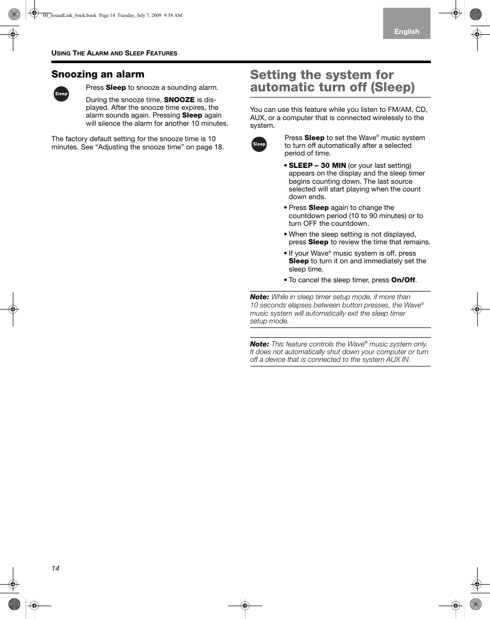 Snoozing an alarm, Setting the system for automatic turn off (sleep) | Bose Wave Music System-soundlink User Manual | Page 18 / 32