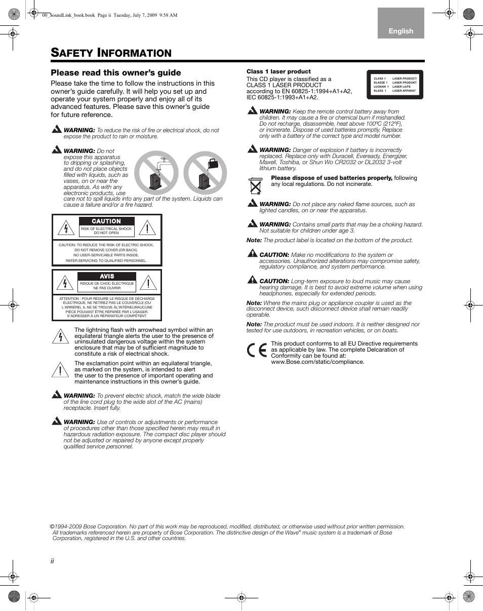 Afety, Nformation, Please read this owner’s guide | Bose Wave Music System-soundlink User Manual | Page 2 / 32