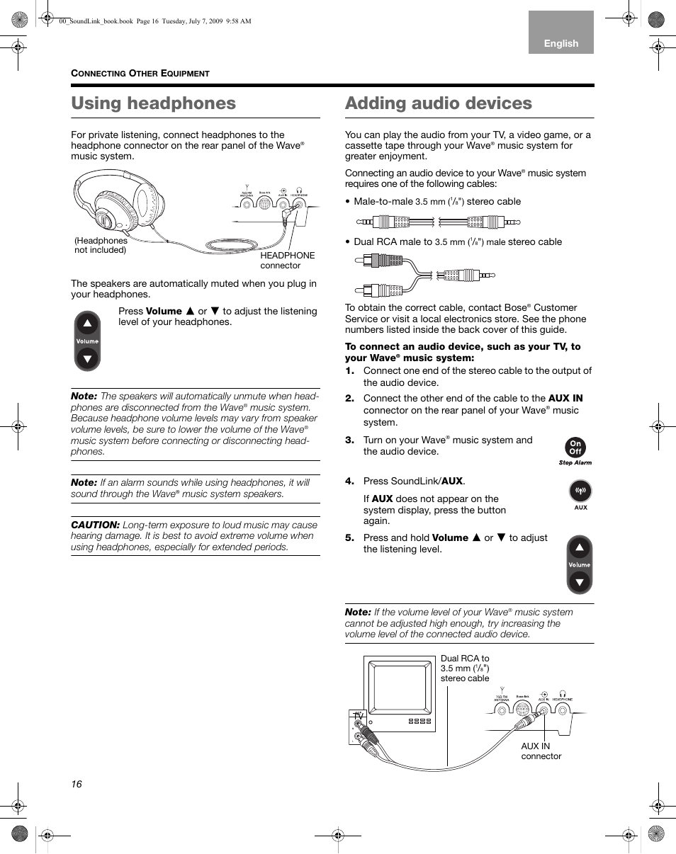 Using headphones, Adding audio devices | Bose Wave Music System-soundlink User Manual | Page 20 / 32