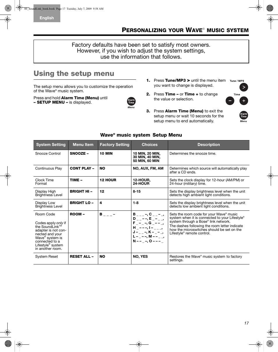 Ersonalizing, Your, Using the setup menu | Music, System | Bose Wave Music System-soundlink User Manual | Page 21 / 32
