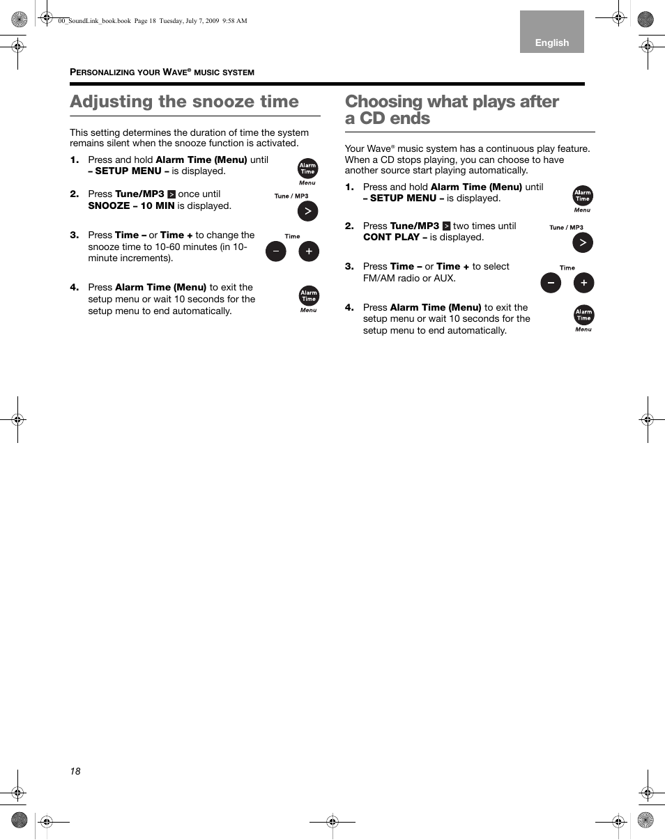 Adjusting the snooze time, Choosing what plays after a cd ends | Bose Wave Music System-soundlink User Manual | Page 22 / 32
