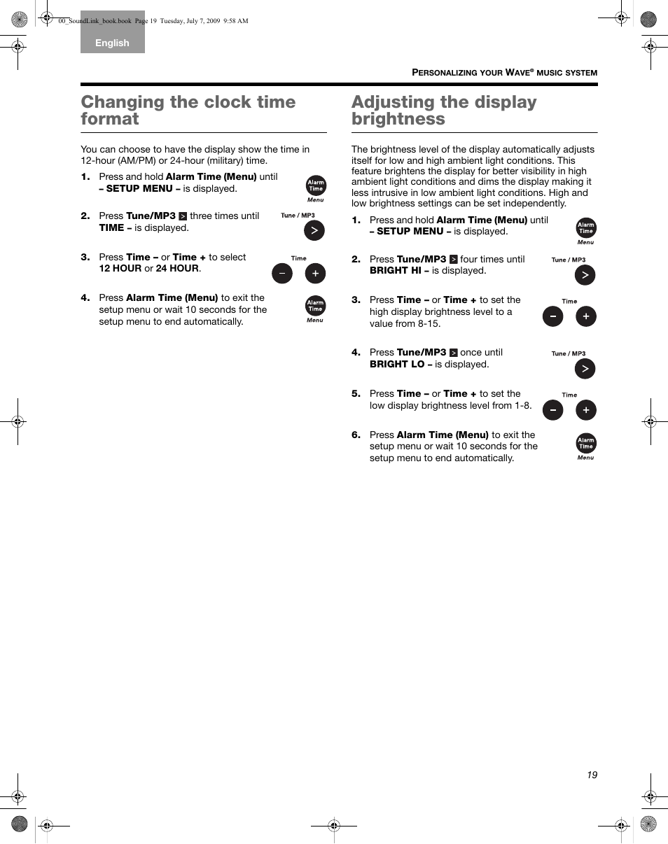 Changing the clock time format, Adjusting the display brightness | Bose Wave Music System-soundlink User Manual | Page 23 / 32