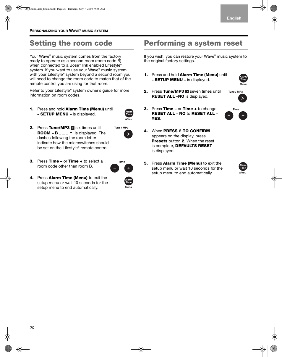 Setting the room code, Performing a system reset | Bose Wave Music System-soundlink User Manual | Page 24 / 32
