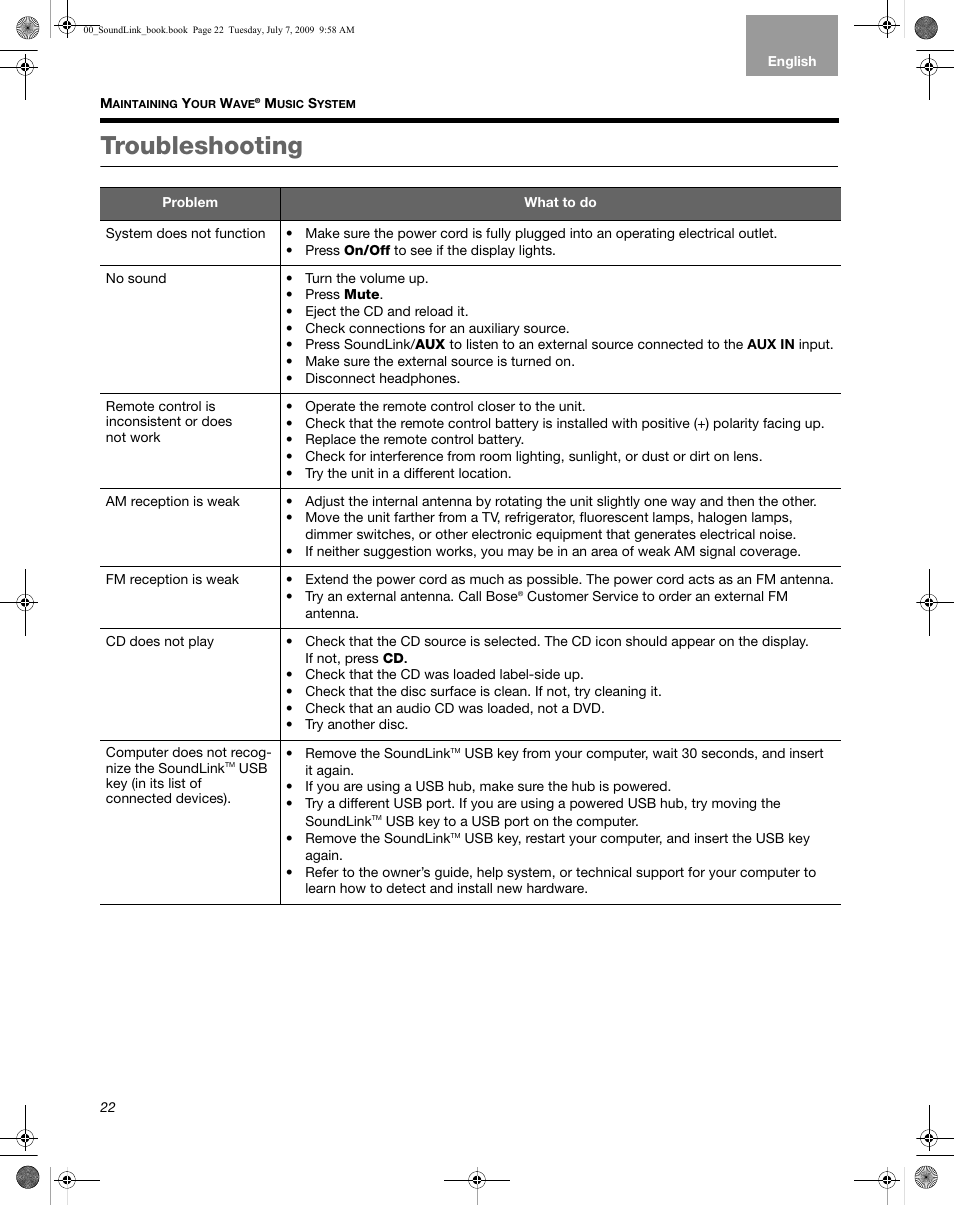 Troubleshooting | Bose Wave Music System-soundlink User Manual | Page 26 / 32