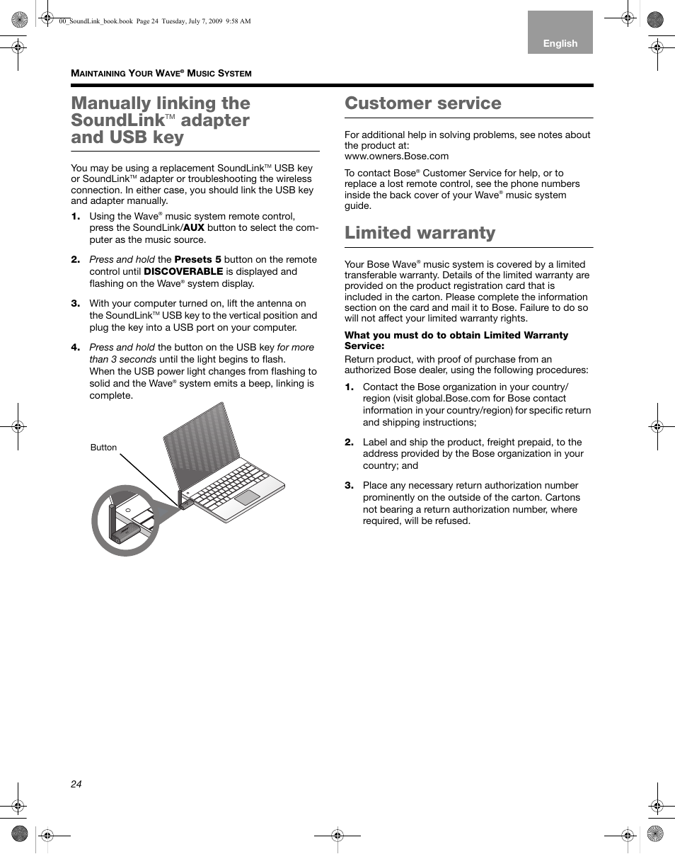 Manually linking the soundlink, Customer service, Limited warranty | Adapter and usb key | Bose Wave Music System-soundlink User Manual | Page 28 / 32
