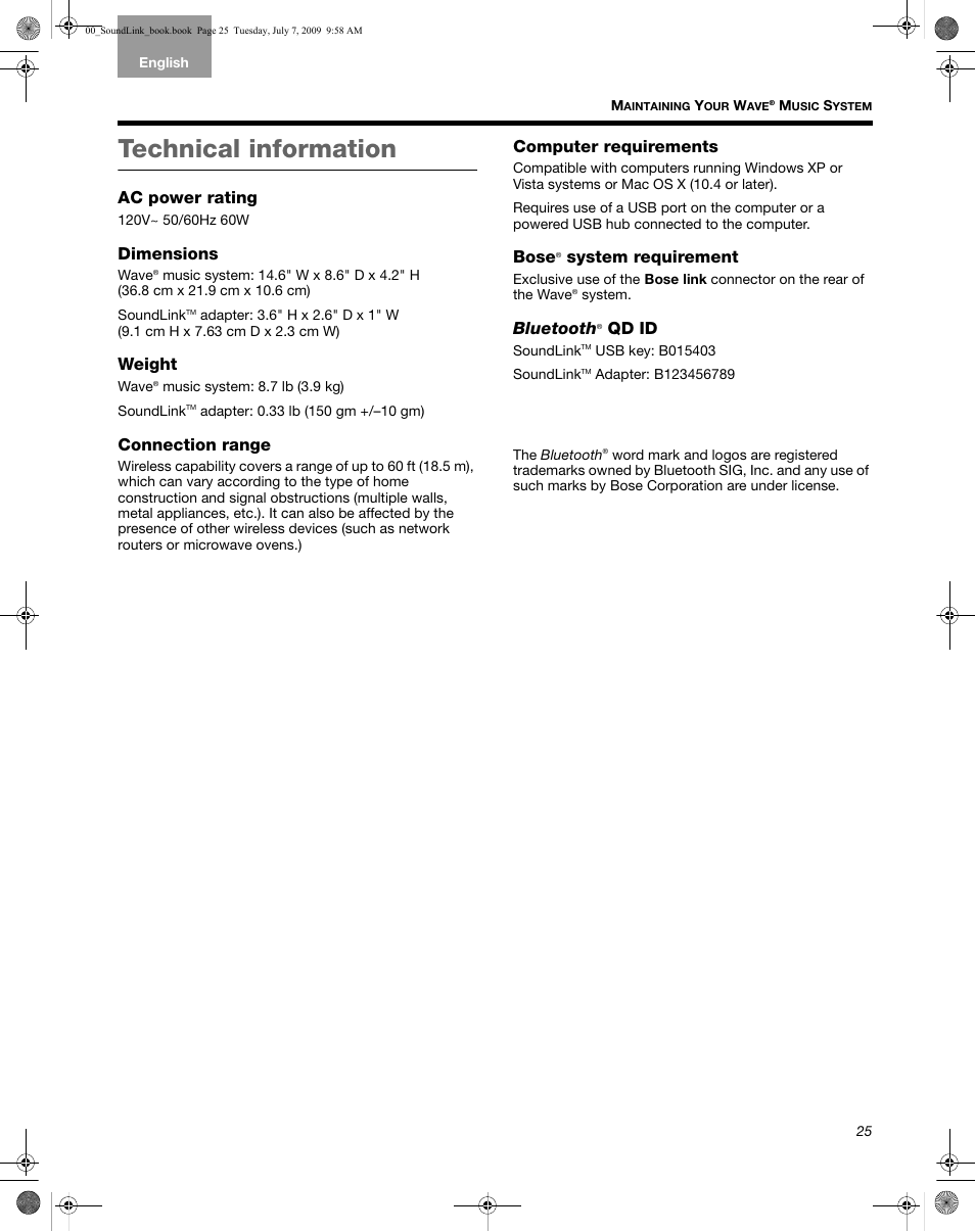 Technical information, See “connec, Ac power rating | Dimensions, Weight, Connection range, Computer requirements, Bose, System requirement, Bluetooth | Bose Wave Music System-soundlink User Manual | Page 29 / 32