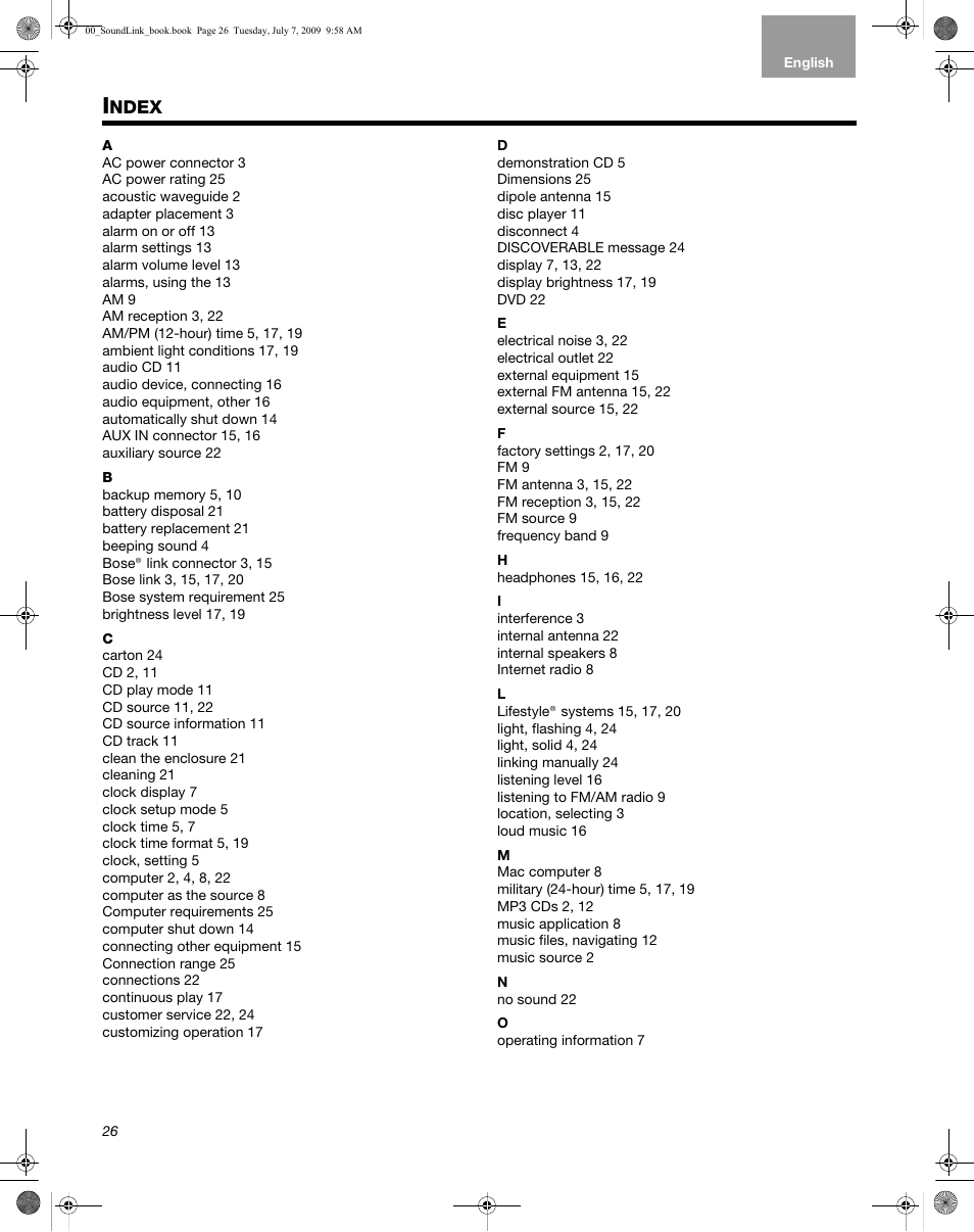 Ndex | Bose Wave Music System-soundlink User Manual | Page 30 / 32