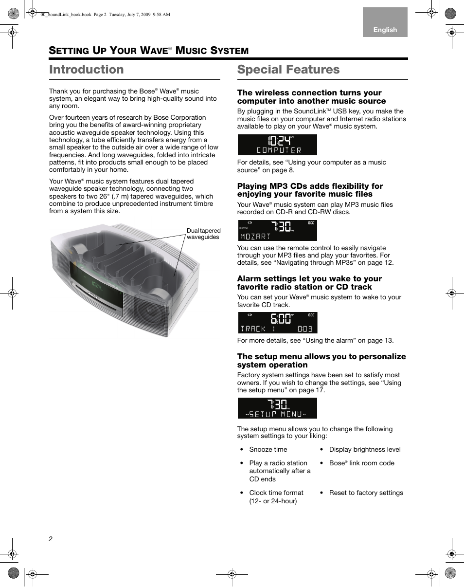 Etting, Introduction, Special features | Bose Wave Music System-soundlink User Manual | Page 6 / 32