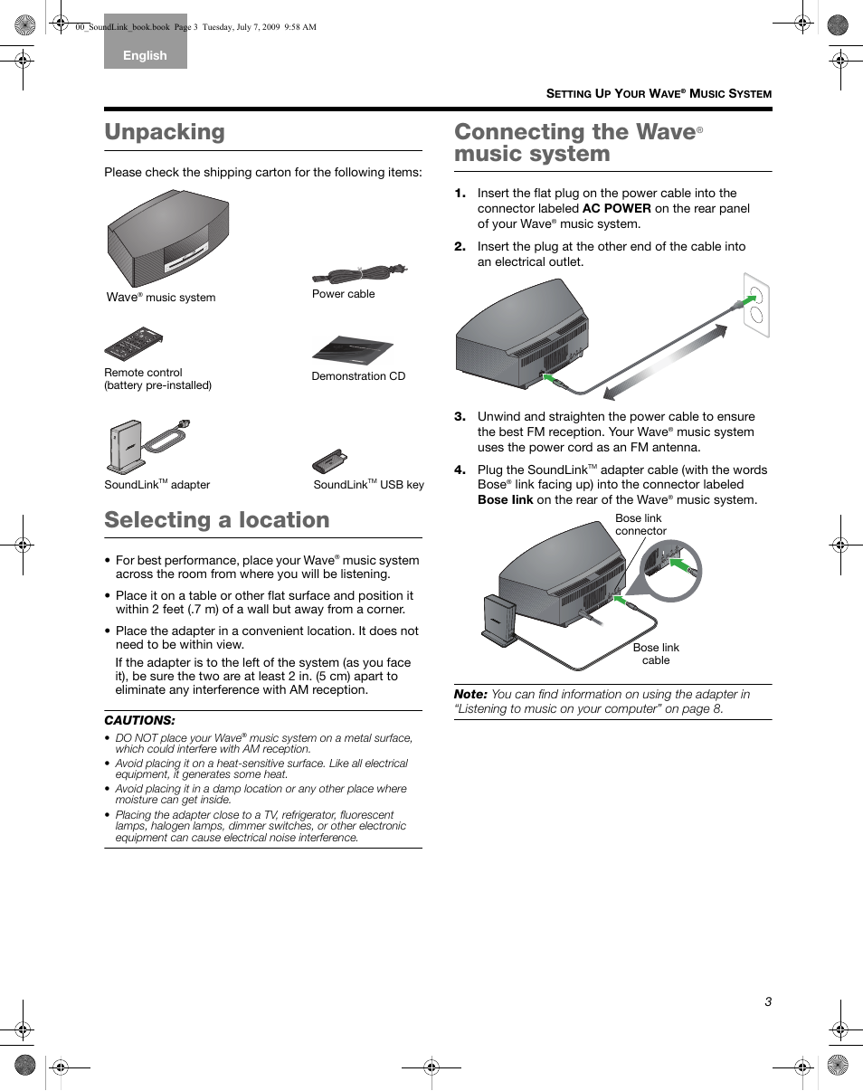 Unpacking, Selecting a location, Connecting the wave | Music system | Bose Wave Music System-soundlink User Manual | Page 7 / 32