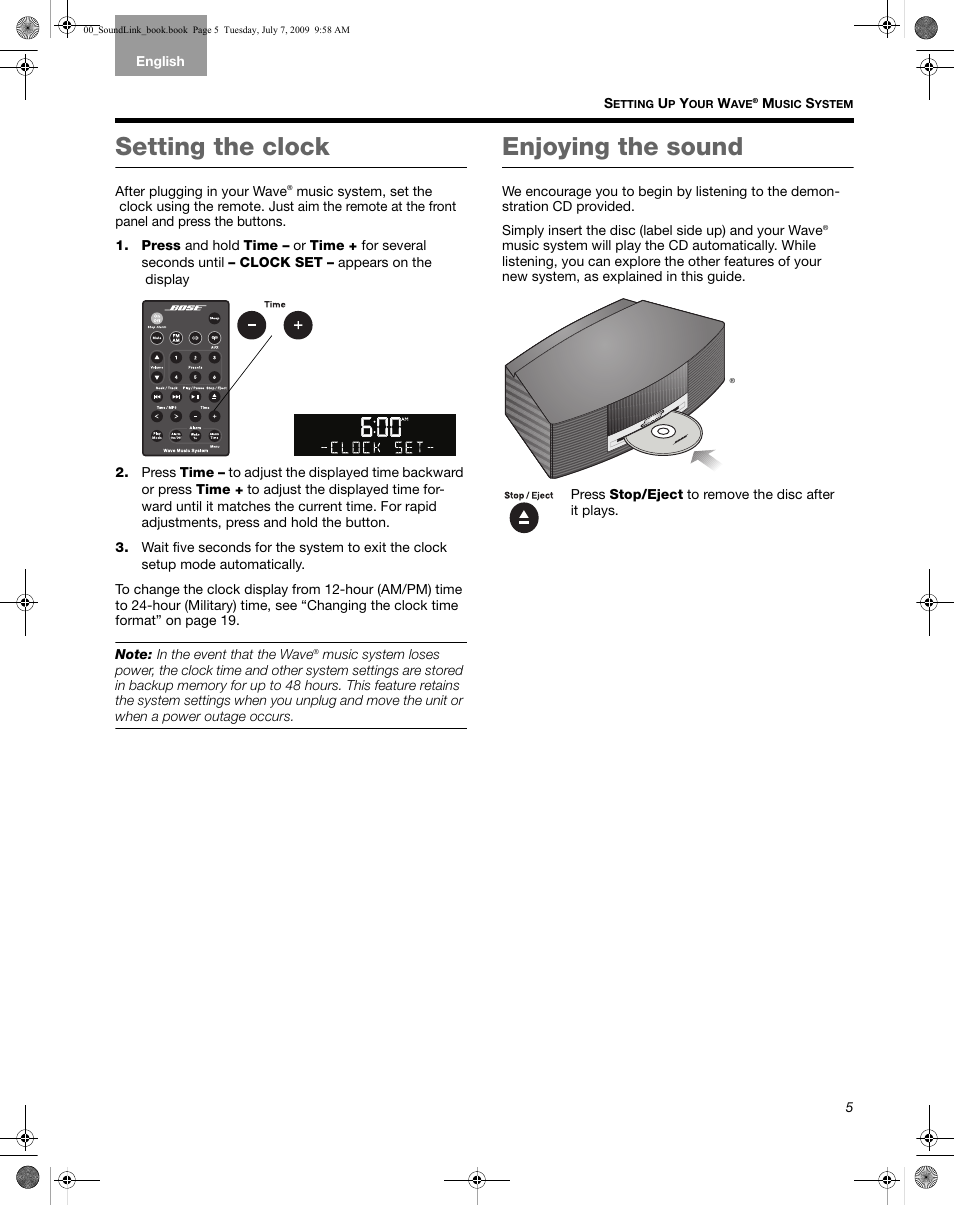 Setting the clock, Enjoying the sound | Bose Wave Music System-soundlink User Manual | Page 9 / 32