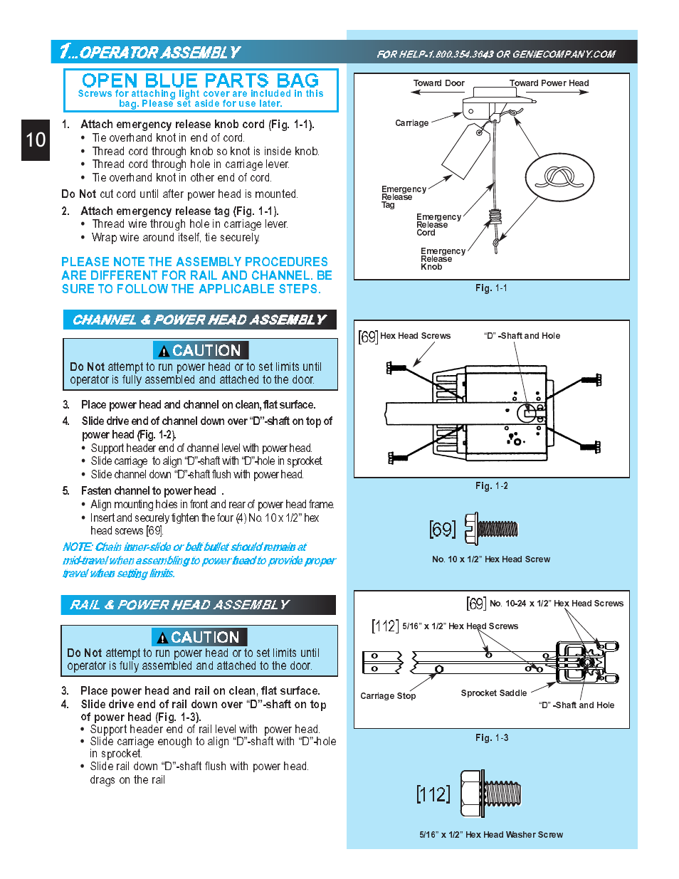 Open blue parts bag, Caution, Shaft on top of power head (fig.1-2) | Fasten channel to power head, Do not, Attach emergency release tag (fig. 1-1), Shaft on top of power head (fig. 1-3) | Genie Pro max PMX-IC B Series User Manual | Page 10 / 32