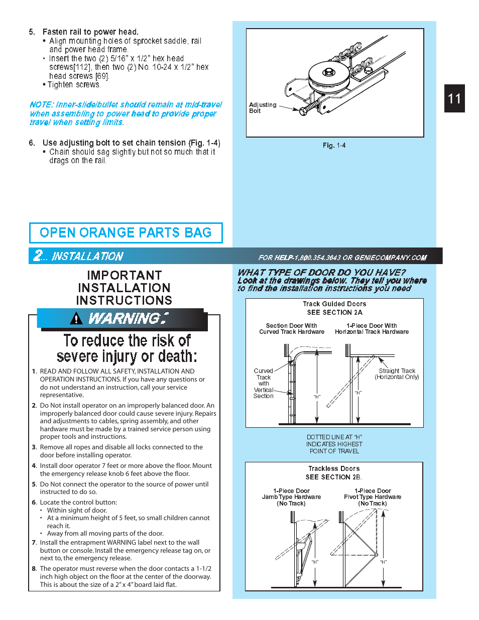 Toreduce the risk of severe injury or death, Open orange parts bag, Important installation instructions | Iinsttallaattionn, Fasten rail to power head, X 1/2, Hex head screws [69, Tighten screws | Genie Pro max PMX-IC B Series User Manual | Page 11 / 32