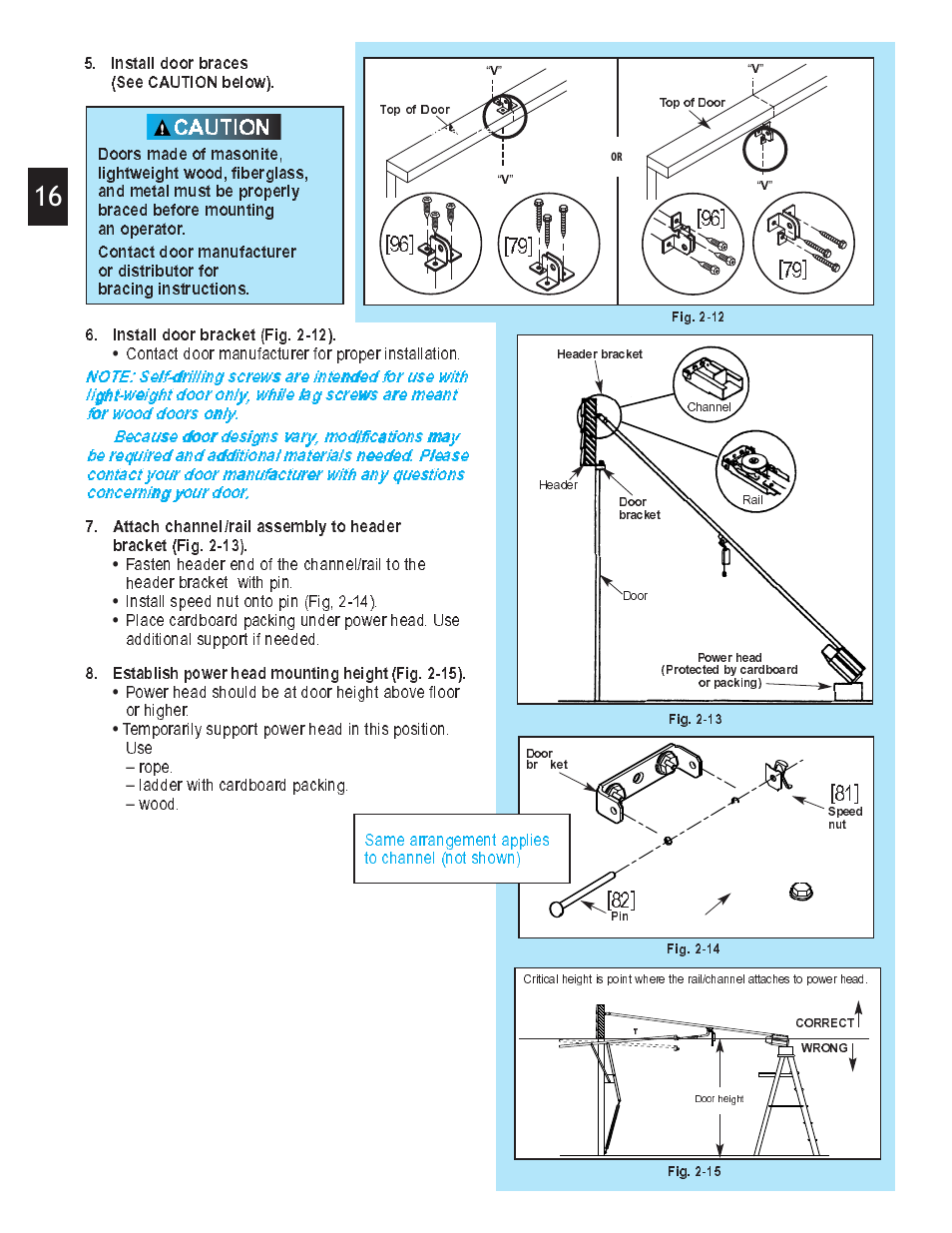 Caution, Install door bracket (fig. 2-12), Establish powerhead mounting height(fig. 2-15) | Install door braces (see caution below) | Genie Pro max PMX-IC B Series User Manual | Page 16 / 32