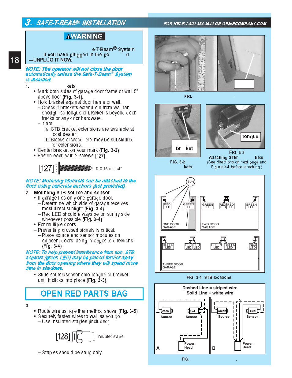 Open red parts bag, Warning, Ssafe--tt--bbeeaamm | Iinnsstaalllaattionn, Fig. 3-4), Fig. 3-3), Fig.3-5), Fig. 3-1), Fig. 3-2), E-t-beam | Genie Pro max PMX-IC B Series User Manual | Page 18 / 32