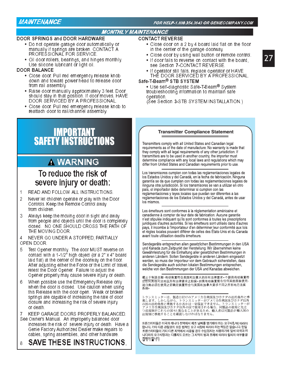 Toreduce the risk of severe injury or death, Warning, Save these instructions | Important safety instructions, Maainnteenaannccee | Genie Pro max PMX-IC B Series User Manual | Page 27 / 32