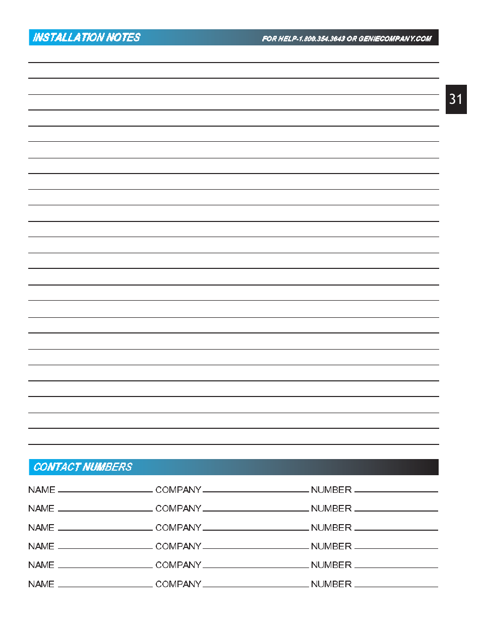 Connttactt nnuummbers | Genie Pro max PMX-IC B Series User Manual | Page 31 / 32