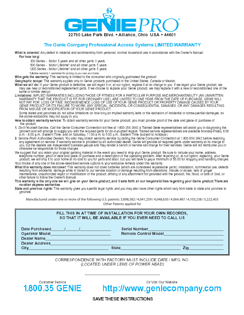 35 genie, Save these instructions, Alliance, ohio usa | Genie Pro max PMX-IC B Series User Manual | Page 32 / 32