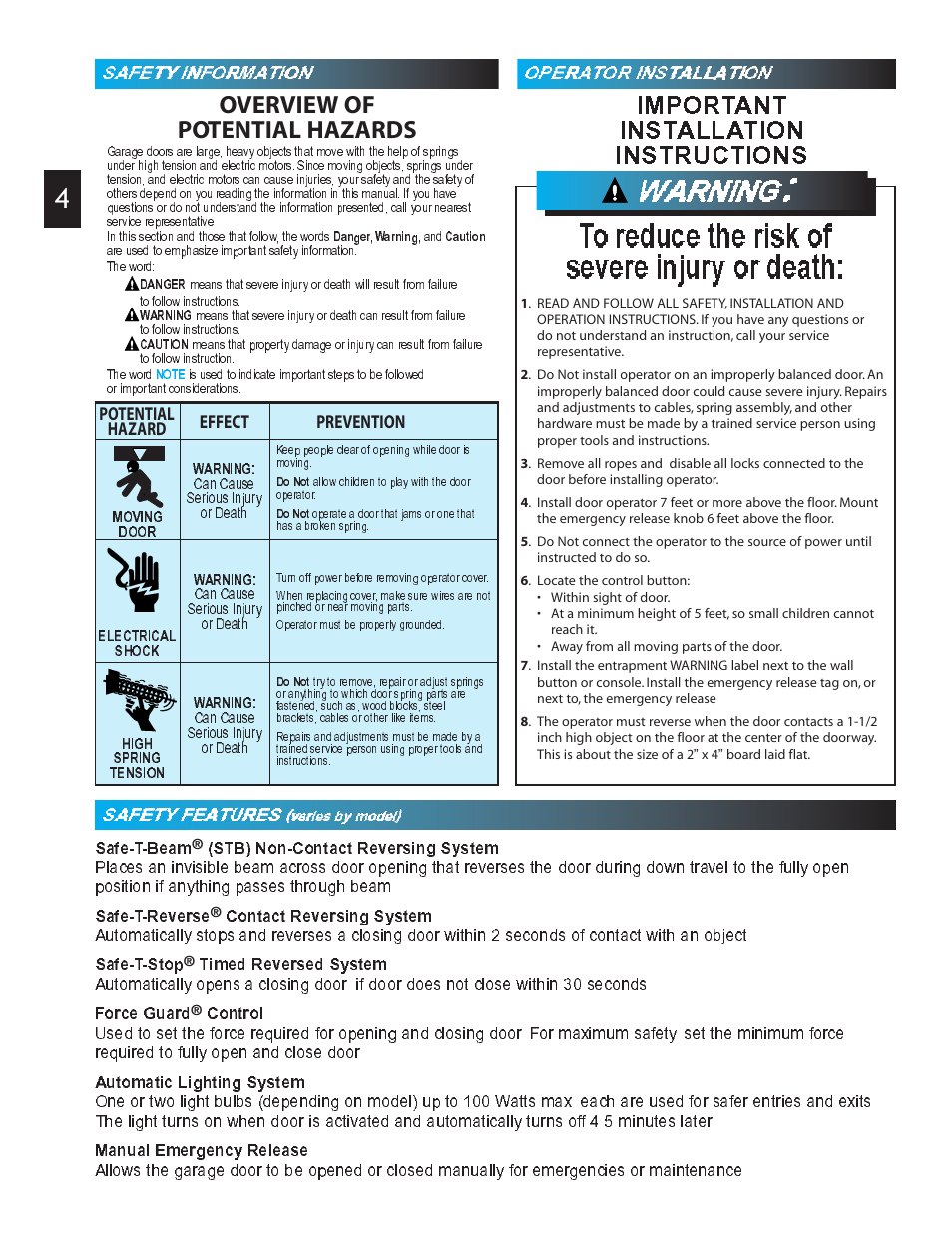 Toreduce the risk of severe injury or death, Important installation instructions, Safe-t-beam | Stb) non-contact reversing system, Safe-t-reverse, Contact reversing system, Safe-t-stop, Timed reversed system, Force guard, Control | Genie Pro max PMX-IC B Series User Manual | Page 4 / 32