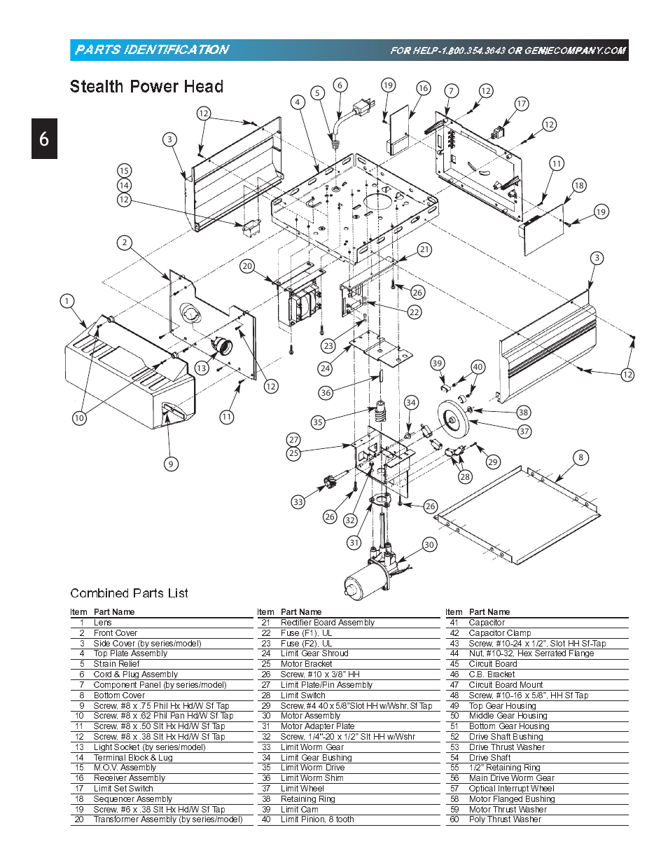 Stealth power head, Pparrtss iddentiffiicaatiioon, Combined parts list | Genie Pro max PMX-IC B Series User Manual | Page 6 / 32