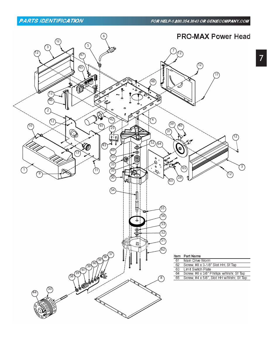 Pro-max power head, Pparrtss iddentiffiicaatiioon, Item part name | Slot hh w/wshr, sf tap | Genie Pro max PMX-IC B Series User Manual | Page 7 / 32