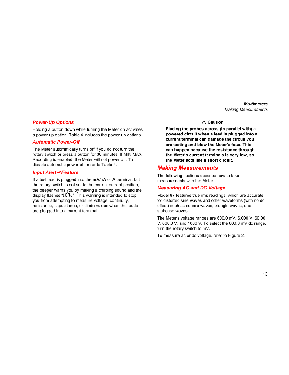 Power-up options, Automatic power-off, Input alert™ feature | Making measurements, Measuring ac and dc voltage | Fluke 87 V User Manual | Page 21 / 60