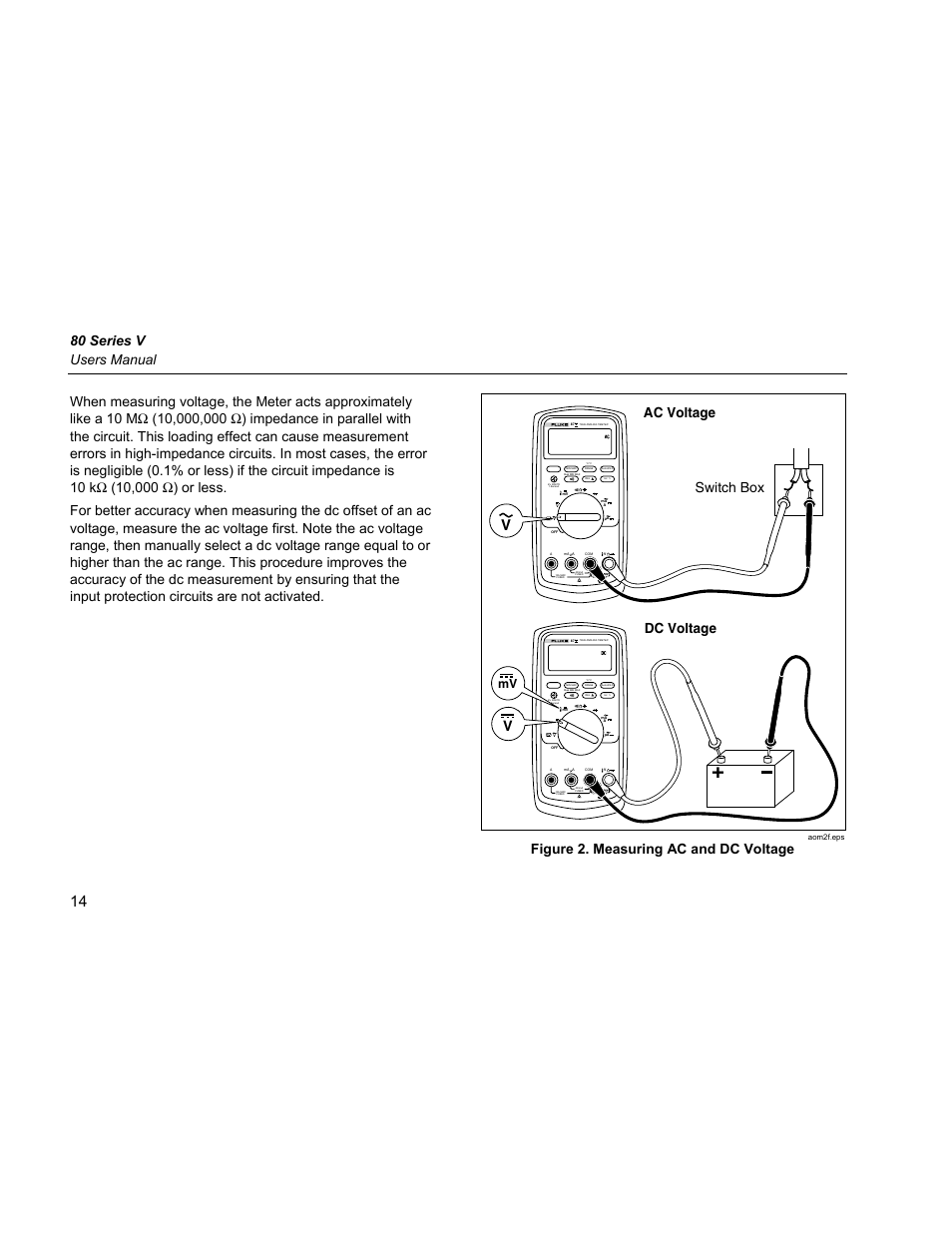 80 series v users manual, Lo switch box v, Ac voltage dc voltage v | Figure 2. measuring ac and dc voltage | Fluke 87 V User Manual | Page 22 / 60