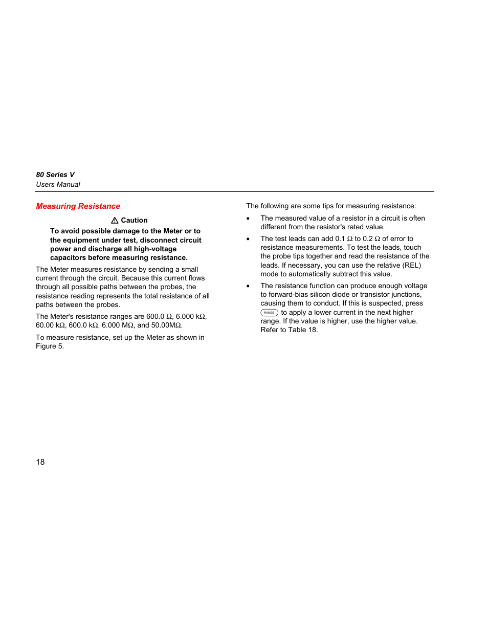 Measuring resistance | Fluke 87 V User Manual | Page 26 / 60