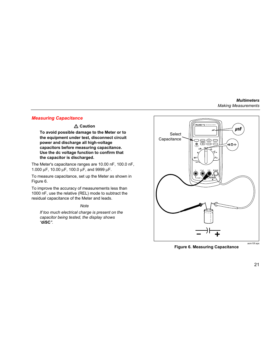 Measuring capacitance, 21 measuring capacitance, Multimeters making measurements | Figure 6. measuring capacitance, Select capacitance | Fluke 87 V User Manual | Page 29 / 60