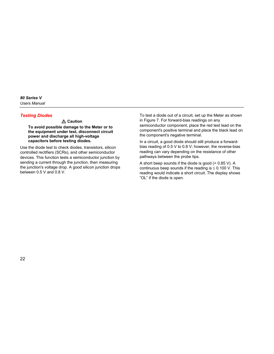 Testing diodes | Fluke 87 V User Manual | Page 30 / 60