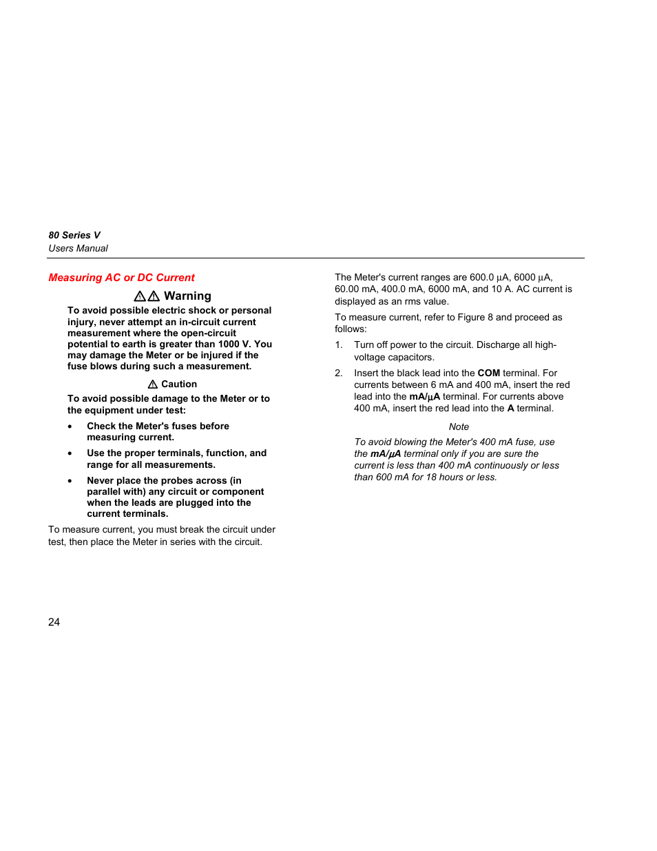 Measuring ac or dc current | Fluke 87 V User Manual | Page 32 / 60