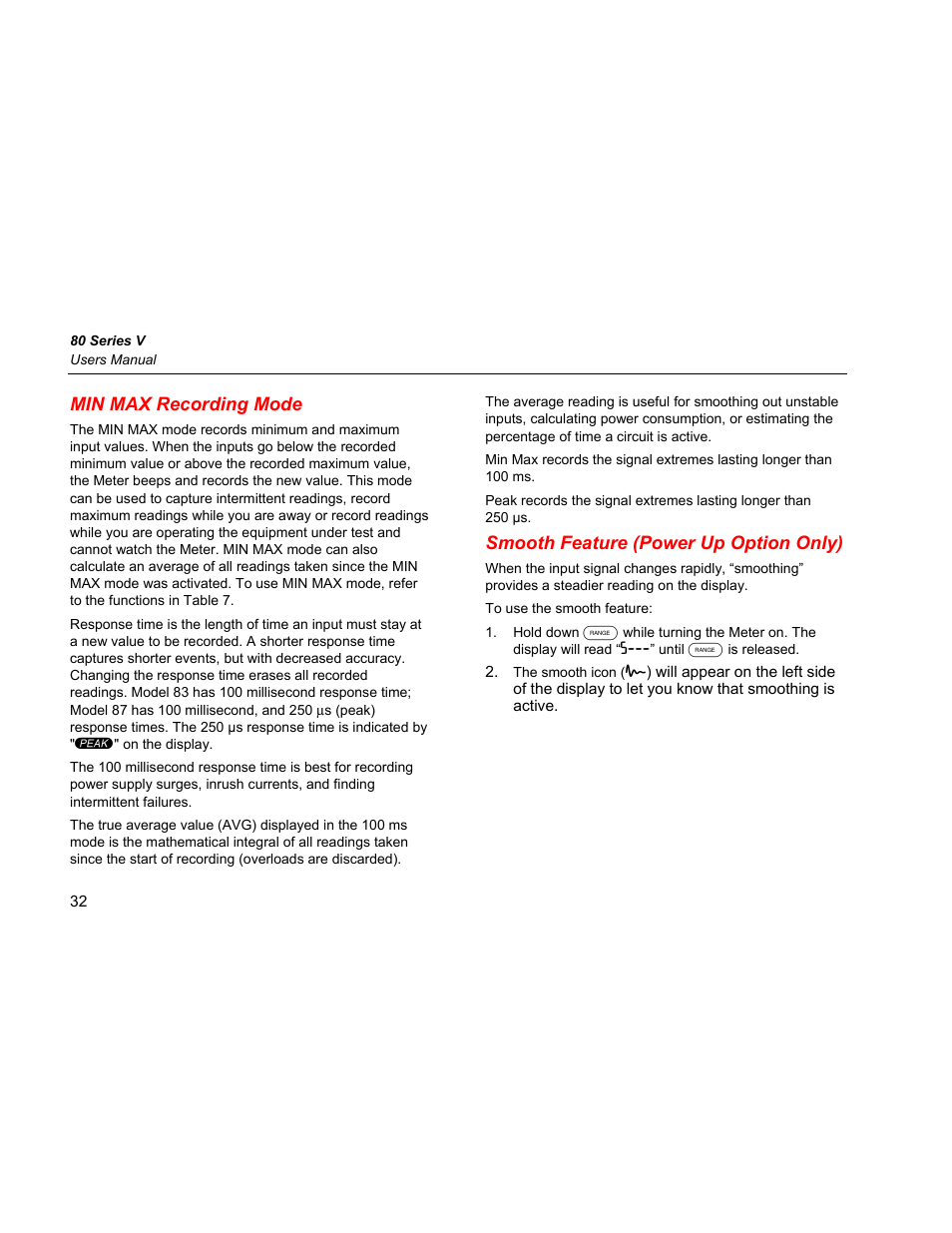 Min max recording mode, Smooth feature (power up option only) | Fluke 87 V User Manual | Page 40 / 60