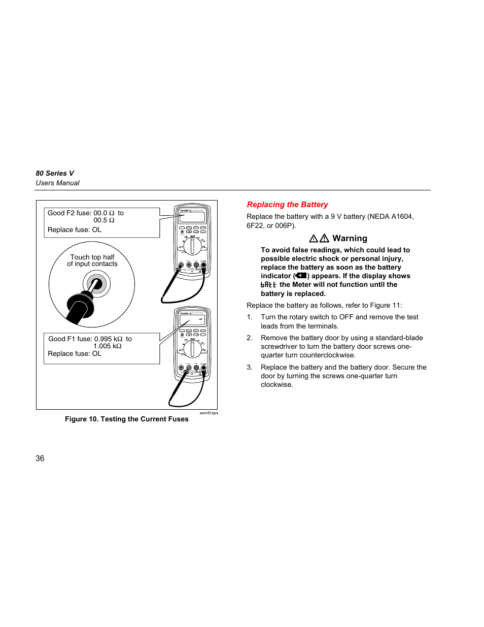 Replacing the battery, Warning, 80 series v users manual | True rms multimeter, Figure 10. testing the current fuses | Fluke 87 V User Manual | Page 44 / 60